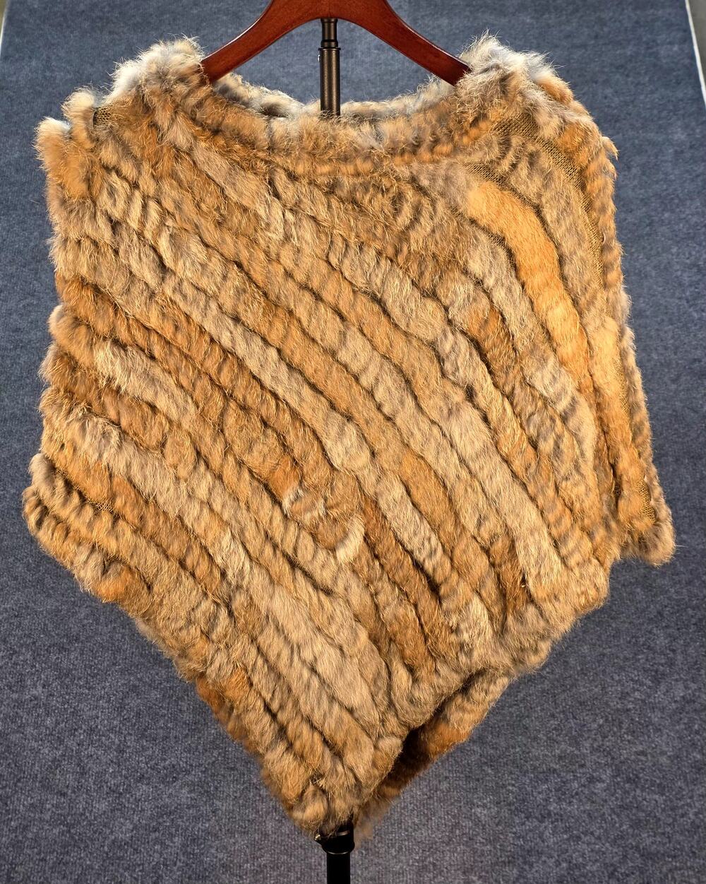 Luxury Knitted Real Rabbit Fur Poncho Cape Natural Brown Winter Shawl Boho